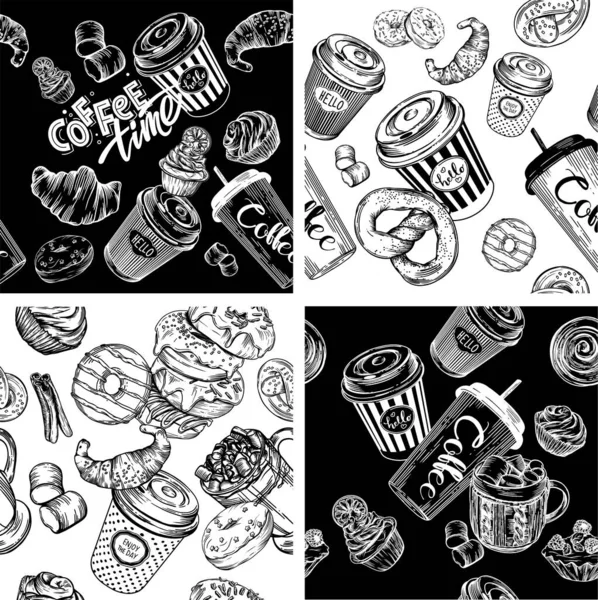 래스터 커피랑 프린트 제과점의 패턴이요 크로와 음식과 라인의 — 스톡 사진