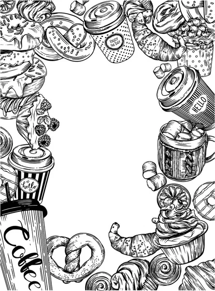 Векторные Отпечатки Кофе Выпечки Паттерны Кофеен Кондитерских Кофе Выпечка Кексы — стоковый вектор