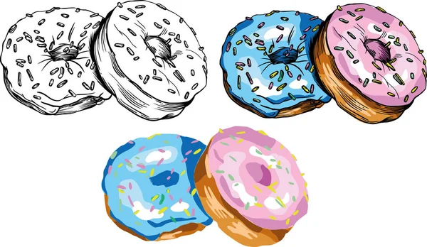 Ilustração Vetorial Rosquinhas Donuts Multicoloridos Atraentes Brilhantes Com Esmalte Colorido — Vetor de Stock