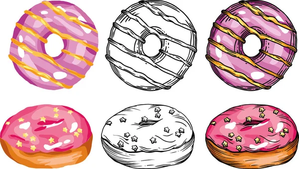 Ilustração Vetorial Rosquinhas Donuts Multicoloridos Atraentes Brilhantes Com Esmalte Colorido — Vetor de Stock