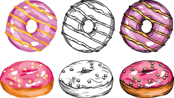 色彩斑斓的甜甜圈图解 五颜六色 明亮的甜甜圈与彩色釉料 用于菜单装饰或不同的印刷品 — 图库照片