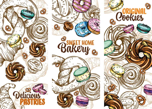 Ein Satz Rasterpostkarten Mit Gebäck Brötchen Keksen Donuts Und Anderen — Stockfoto