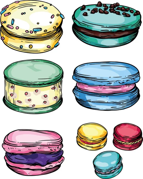 Conjunto Vectorial Macarons Galletas Diferentes Colores Ilustración Color Línea Blanco — Vector de stock