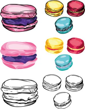 Farklı renklerde kurabiye seti. Renk çizimi ve siyah beyaz çizgi. Menüler, el ilanları, afişler ve kapaklar için makarnalar.