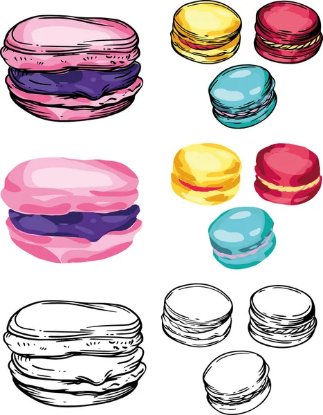 Set Macarons Cookies Different Colors Color Illustration Black White Line — Stock Photo, Image