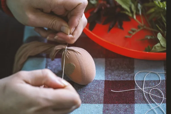 Woman Hands Decorating Painting Easter Eggs Fresh Leaves Boiling Red — Stock Photo, Image