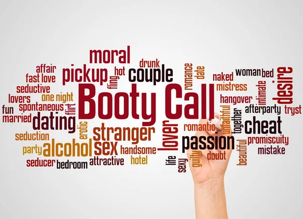 Booty call word cloud and hand with marker concept on gradient background.