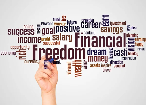 Financial Freedom Nuvem Palavras Mão Com Conceito Marcador Fundo Gradiente — Fotografia de Stock