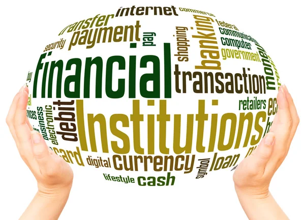 Finansiella Institutioner Word Cloud Hand Sfär Konceptet Vit Bakgrund — Stockfoto