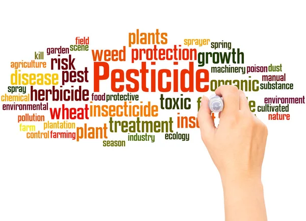 Parole Pesticide Concetto Sfera Mano Nuvolosa Sfondo Bianco — Foto Stock