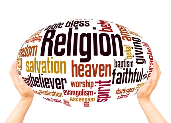 Religião Palavra Nuvem Conceito Esfera Mão Fundo Branco — Fotografia de Stock