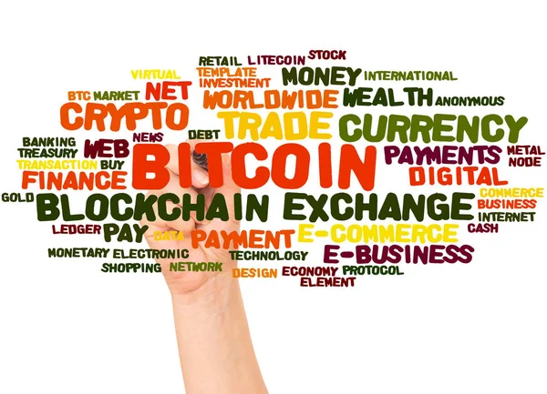 Bitcoin Palabra Nube Mano Con Concepto Marcador Sobre Fondo Blanco — Foto de Stock