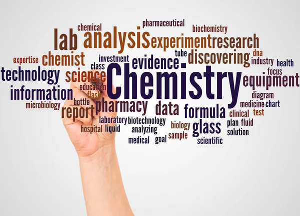 Química Palabra Nube Mano Con Concepto Marcador Sobre Fondo Blanco — Foto de Stock