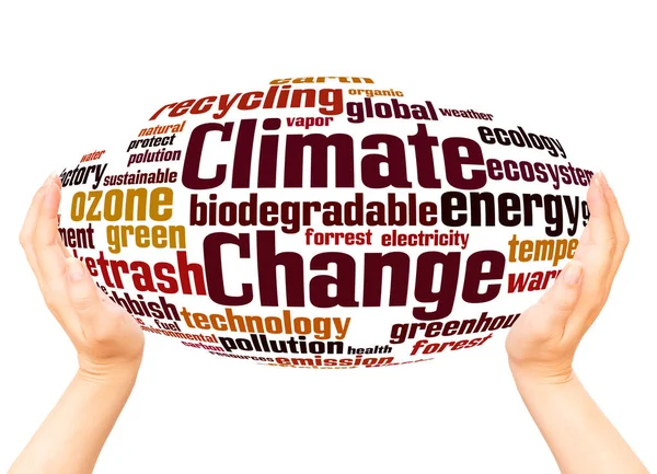 気候変更単語の雲白い背景の手球の概念 — ストック写真