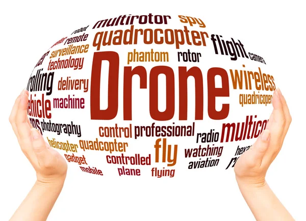 Drone Szó Felhő Kézzel Gömb Fogalmát Fehér Háttér — Stock Fotó