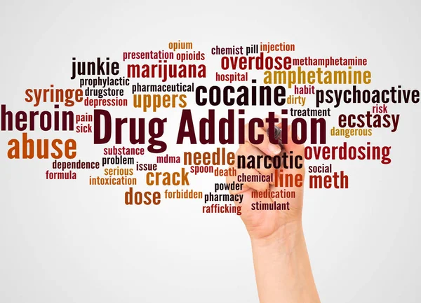 Drug Verslaving Word Cloud Hand Met Marker Concept Witte Achtergrond — Stockfoto