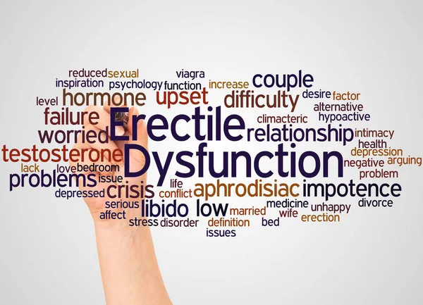 勃起不全の単語の雲と白い背景の上のマーカー概念と手 — ストック写真