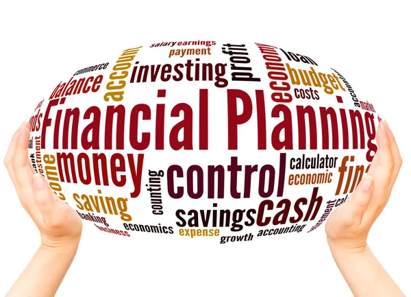 Financial Planning Word Cloud Hand Sphere Concept White Background — Stock Photo, Image