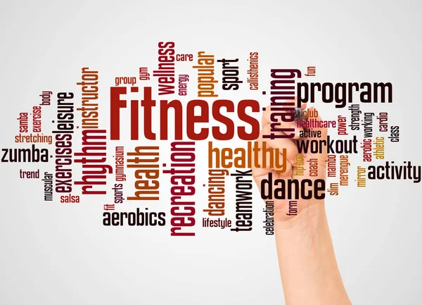 Fitness Word Cloud Och Hand Med Markör Koncept Tonad Bakgrund — Stockfoto