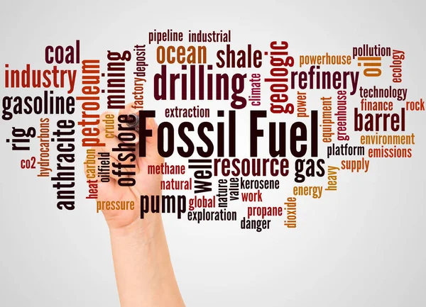 Nube Palabras Combustible Fósil Mano Con Concepto Marcador Sobre Fondo — Foto de Stock