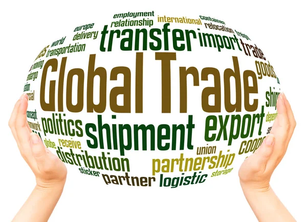 Global Trade Word Cloud Hand Sphere Concept White Background — Stock Photo, Image