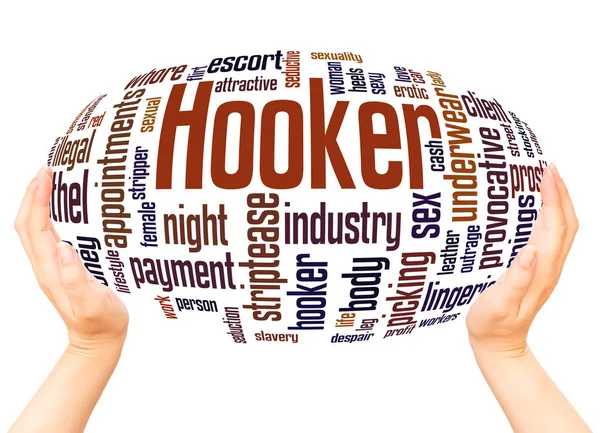 Hooker Palavra Nuvem Conceito Esfera Mão Fundo Branco — Fotografia de Stock