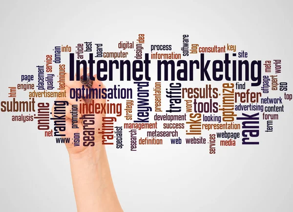 Internet Marketing Word Cloud Mano Con Concetto Marker Sfondo Bianco — Foto Stock