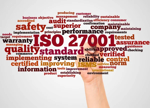 Iso 27001 Διαχείρισης Ασφάλειας Πληροφοριών Σύννεφου Λέξης Και Χεριών Δείκτη — Φωτογραφία Αρχείου