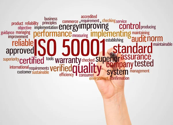 Iso 50001 Σύννεφου Λέξης Και Χεριών Δείκτη Έννοια Λευκό Φόντο — Φωτογραφία Αρχείου