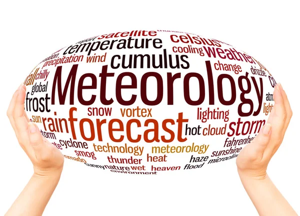 Meteorologia Palavra Nuvem Conceito Esfera Mão Fundo Branco — Fotografia de Stock