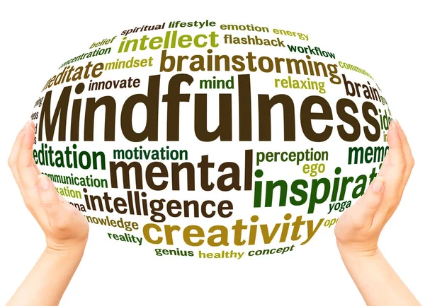 Mindfulness Conceito Esfera Mão Nuvem Palavra Fundo Branco — Fotografia de Stock