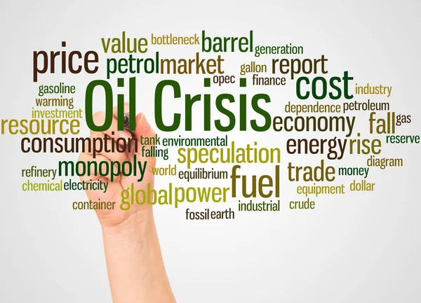 Oil Crisis word cloud and hand with marker concept on white background.