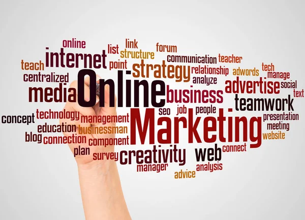 Online Marketing Word Cloud Och Hand Med Markör Koncept Tonad — Stockfoto