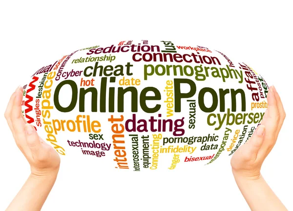 Online Porno Palavra Nuvem Mão Esfera Conceito Fundo Branco — Fotografia de Stock