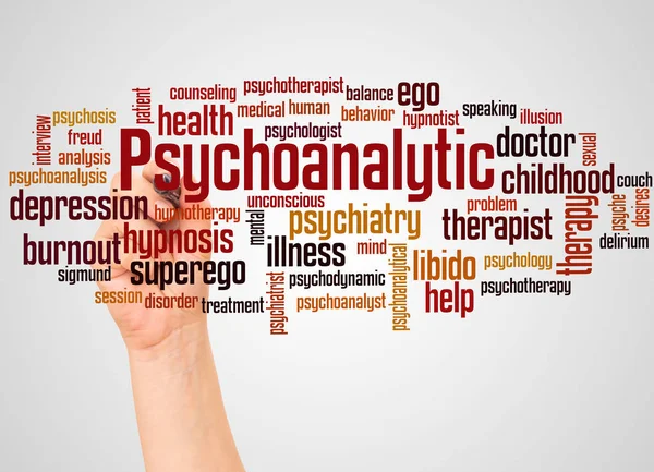 Psykoanalytiska Word Cloud Och Hand Med Markör Koncept Vit Bakgrund — Stockfoto