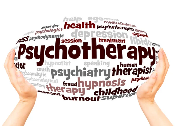 Psychotherapy Word Cloud Hand Sphere Concept White Background — Stock Photo, Image