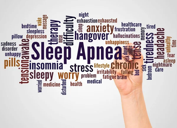 Sleep Apnea word cloud and hand with marker concept on white background.