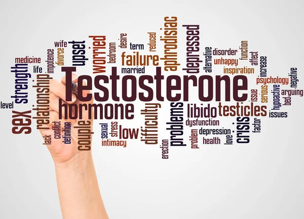 Testosterone word cloud and hand with marker concept on white background.