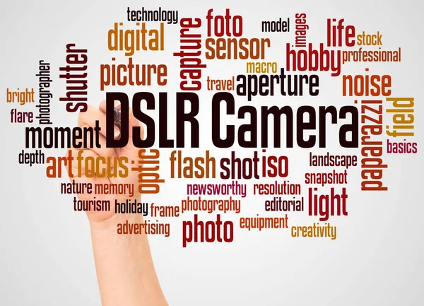 Dslr Camera Word Cloud Hand Met Marker Concept Witte Achtergrond — Stockfoto