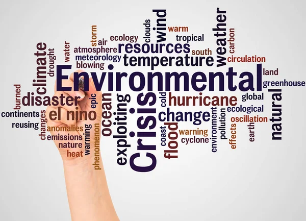 Miljömässiga Krisen Word Cloud Och Hand Med Markör Koncept Vit — Stockfoto