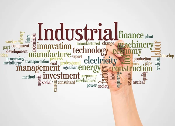Industrielle Wortwolke Und Hand Mit Marker Konzept Auf Weißem Hintergrund — Stockfoto