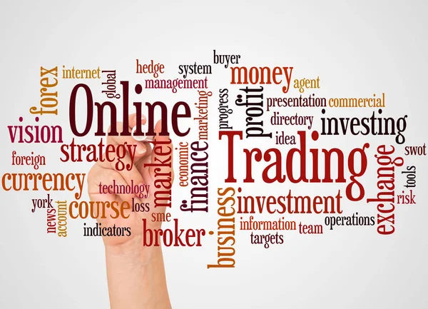 Online Trading Palabra Nube Mano Con Concepto Marcador Sobre Fondo — Foto de Stock