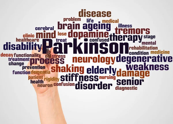 Parkinsons Word Cloud Och Hand Med Markör Koncept Vit Bakgrund — Stockfoto