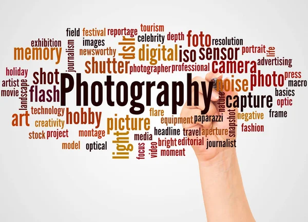 Fotografie Word Cloud Hand Met Marker Concept Witte Achtergrond — Stockfoto