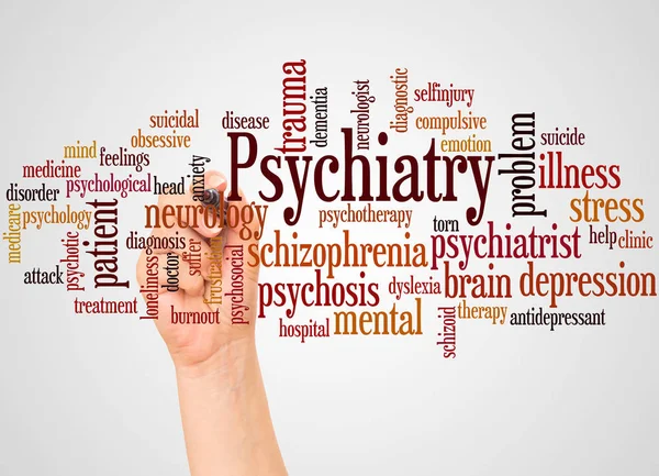 Psychiatrie Word Cloud Hand Met Marker Concept Witte Achtergrond — Stockfoto