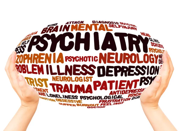 Psychiatry Word Cloud Hand Sphere Concept White Background — Stock Photo, Image