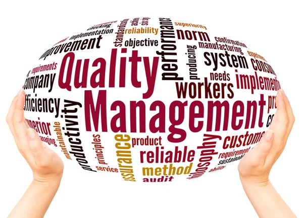 Quality Management Conceito Esfera Mão Nuvem Palavras Fundo Branco — Fotografia de Stock