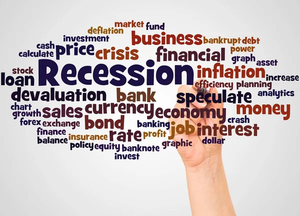 Recession Word Cloud Och Hand Med Markör Koncept Vit Bakgrund — Stockfoto