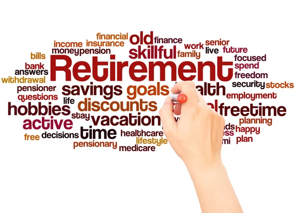 Pensionering Word Cloud Hand Skrivande Konceptet Vit Bakgrund — Stockfoto