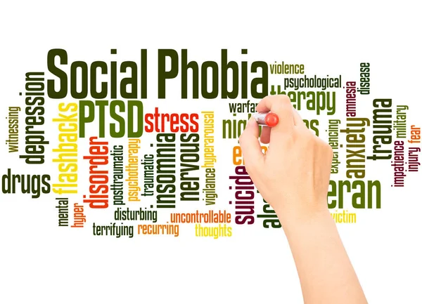 Social phobia and PTSD word cloud hand writing concept on white background.